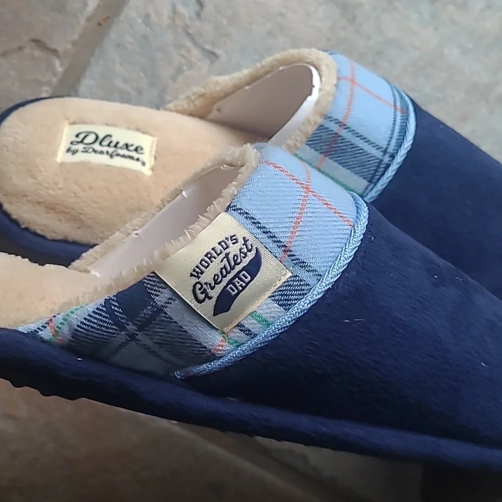 New! Dearfoams Mens Small Blue Worlds Greatest Dad Navy Memory Foam Slippers